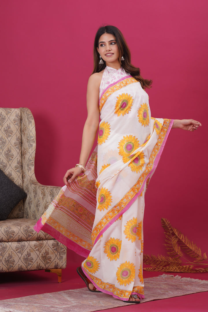 Mulmul Cotton Saree with Hand Block Print - Shivanya Handicrafts Women's Traditional Indian Wear