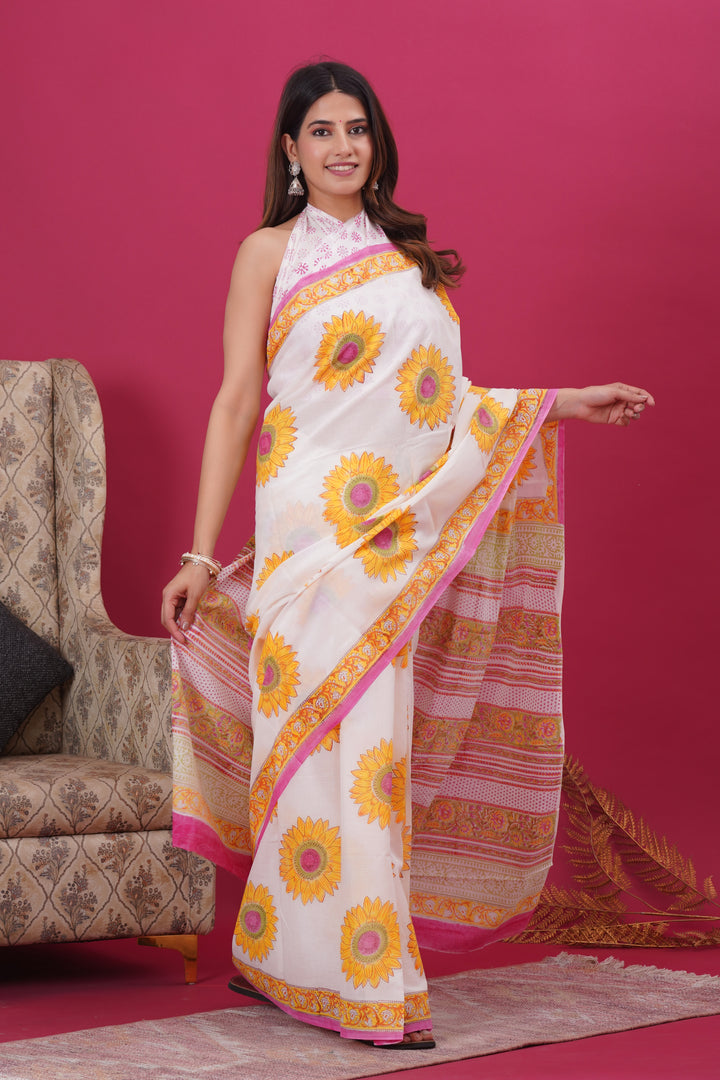 Mulmul Cotton Saree with Hand Block Print - Shivanya Handicrafts Women's Traditional Indian Wear