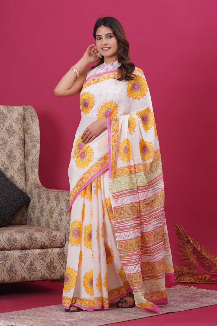 Mulmul Cotton Saree with Hand Block Print - Shivanya Handicrafts Women's Traditional Indian Wear