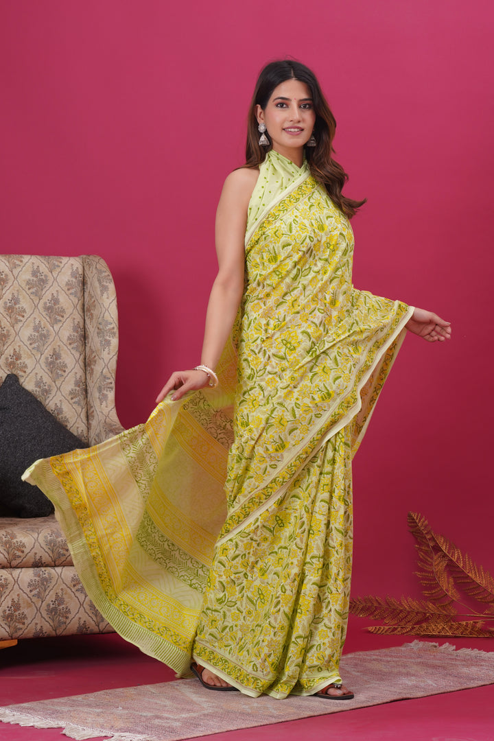 Mulmul Cotton Saree with Hand Block Print - Shivanya Handicrafts Women's Traditional Indian Wear
