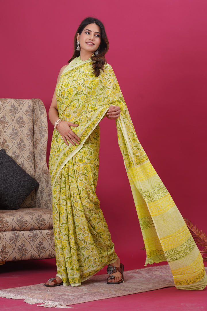Mulmul Cotton Saree with Hand Block Print - Shivanya Handicrafts Women's Traditional Indian Wear