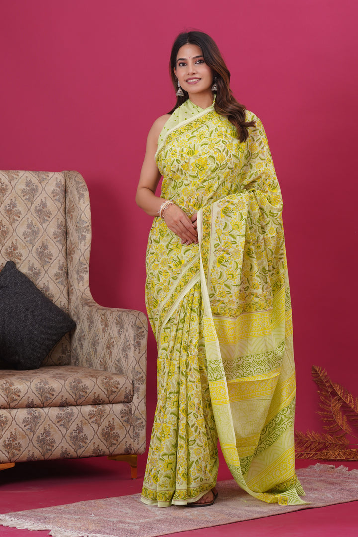 Mulmul Cotton Saree with Hand Block Print - Shivanya Handicrafts Women's Traditional Indian Wear