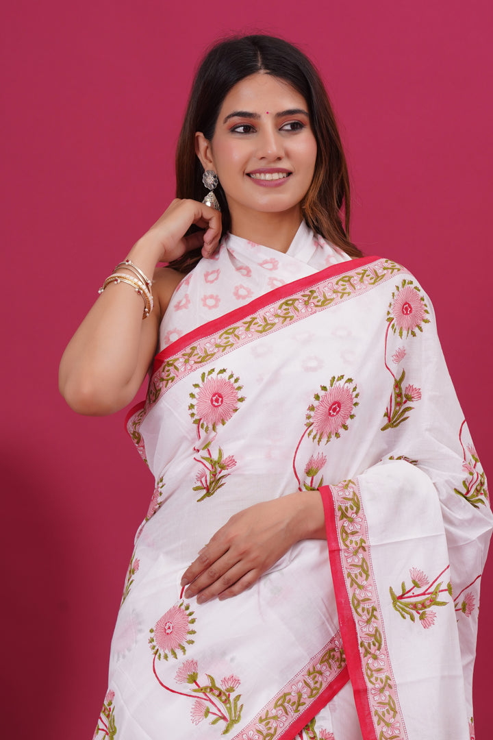 Mulmul Cotton Saree with Hand Block Print - Shivanya Handicrafts Women's Traditional Indian Wear