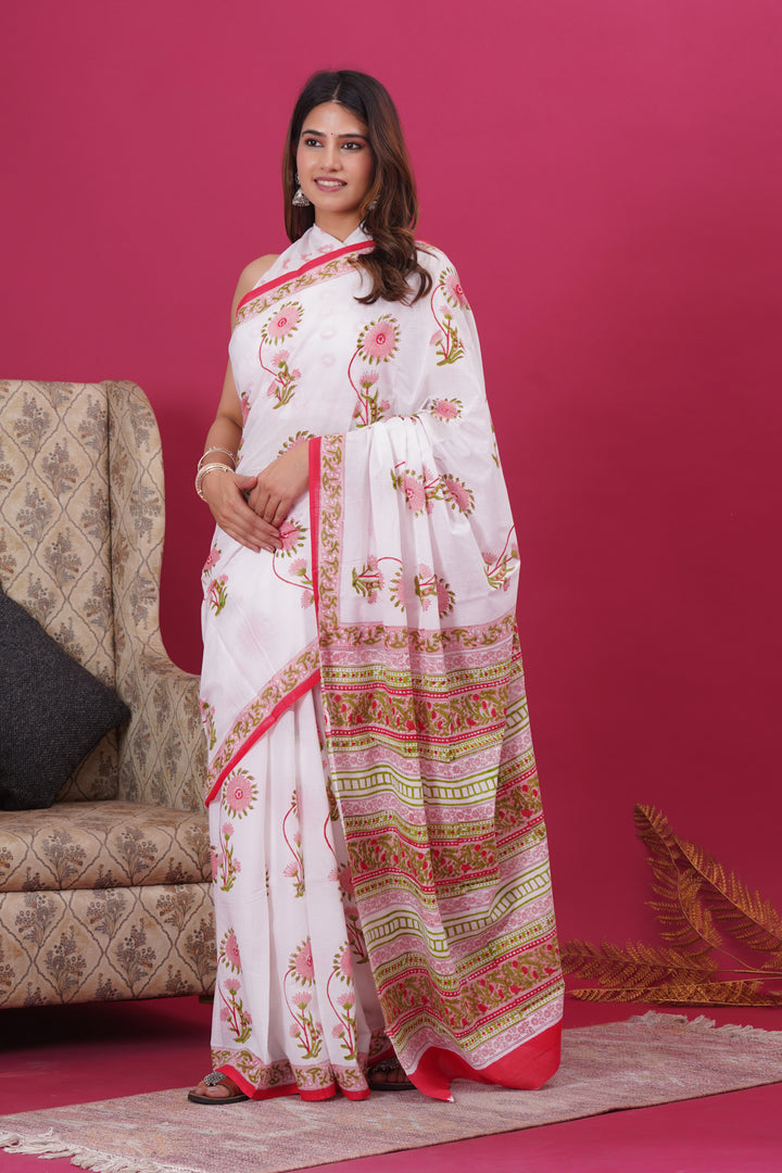Mulmul Cotton Saree with Hand Block Print - Shivanya Handicrafts Women's Traditional Indian Wear