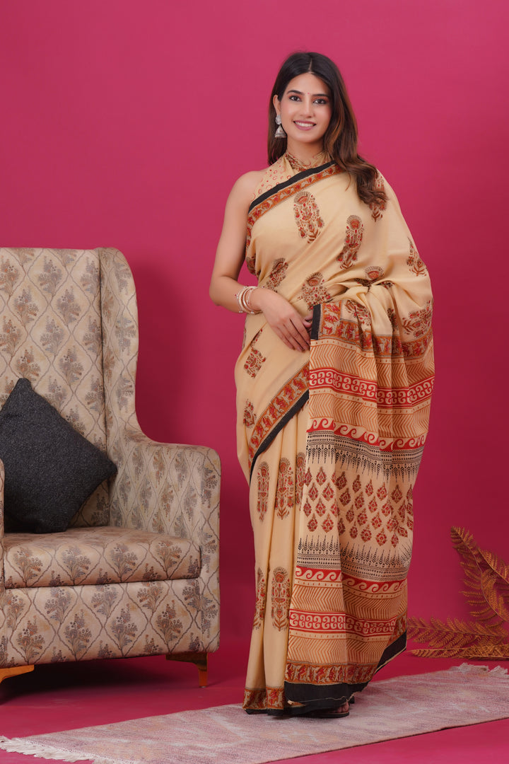 Mulmul Cotton Saree with Hand Block Print - Shivanya Handicrafts Women's Traditional Indian Wear