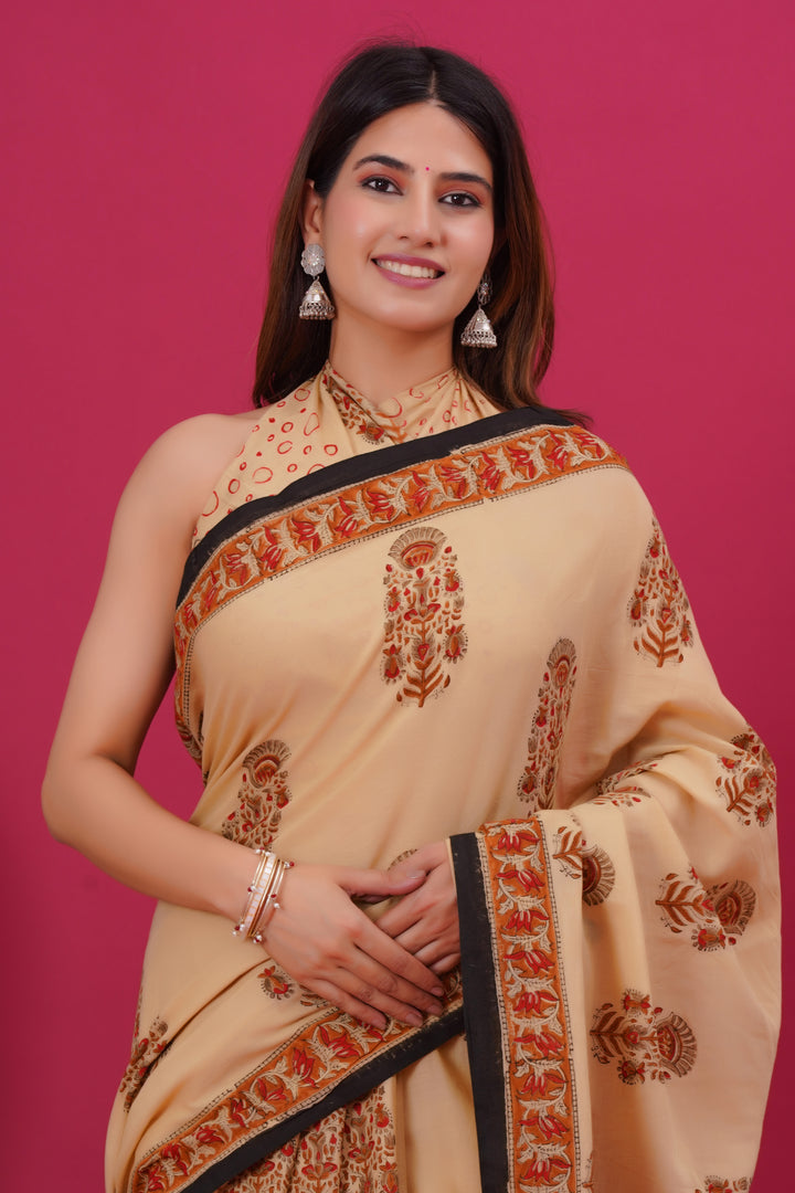 Mulmul Cotton Saree with Hand Block Print - Shivanya Handicrafts Women's Traditional Indian Wear