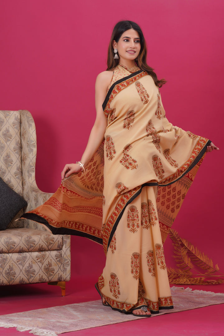 Mulmul Cotton Saree with Hand Block Print - Shivanya Handicrafts Women's Traditional Indian Wear