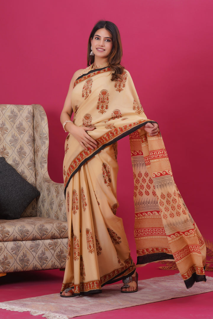 Mulmul Cotton Saree with Hand Block Print - Shivanya Handicrafts Women's Traditional Indian Wear