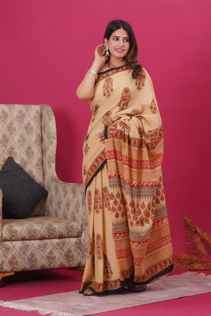 Mulmul Cotton Saree with Hand Block Print - Shivanya Handicrafts Women's Traditional Indian Wear