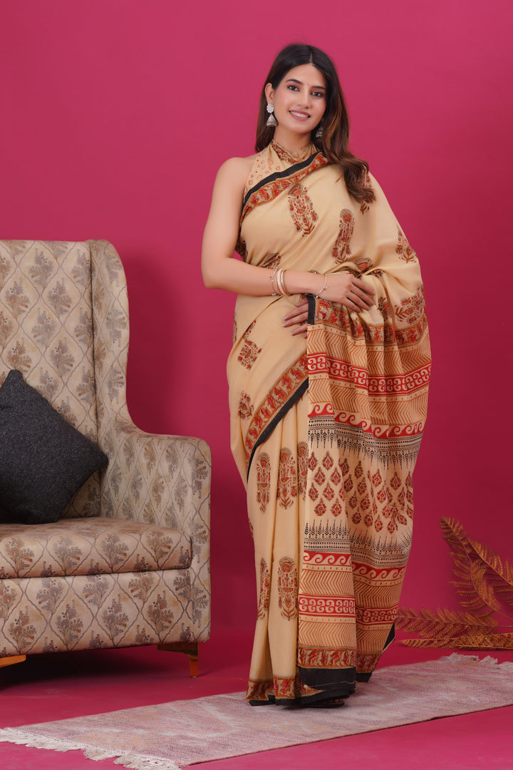 Mulmul Cotton Saree with Hand Block Print - Shivanya Handicrafts Women's Traditional Indian Wear