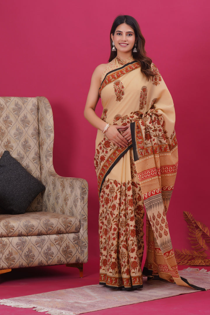 Mulmul Cotton Saree with Hand Block Print - Shivanya Handicrafts Women's Traditional Indian Wear