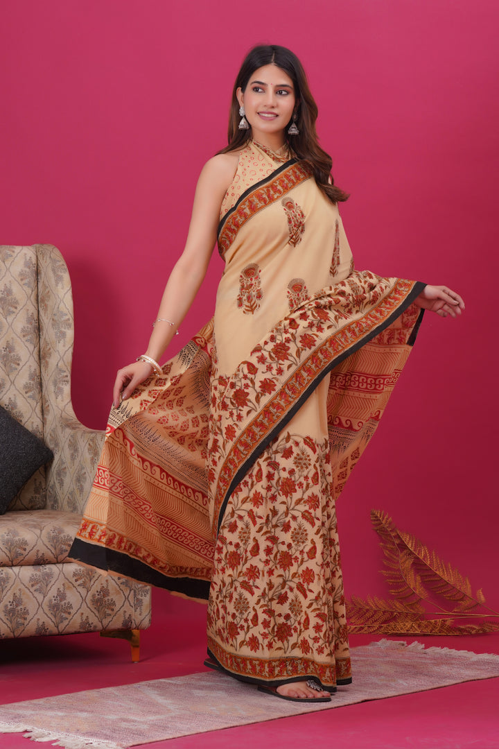 Mulmul Cotton Saree with Hand Block Print - Shivanya Handicrafts Women's Traditional Indian Wear