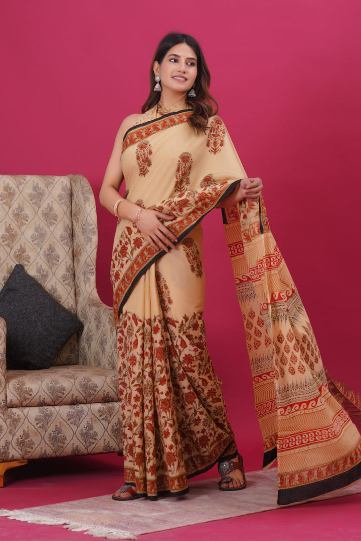 Mulmul Cotton Saree with Hand Block Print - Shivanya Handicrafts Women's Traditional Indian Wear