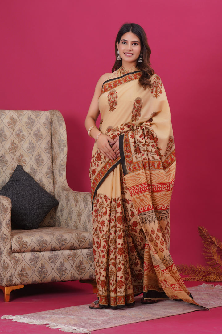 Mulmul Cotton Saree with Hand Block Print - Shivanya Handicrafts Women's Traditional Indian Wear