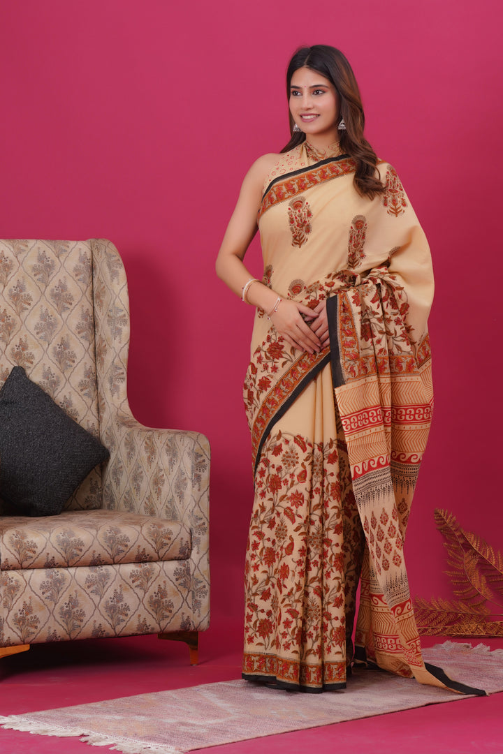 Mulmul Cotton Saree with Hand Block Print - Shivanya Handicrafts Women's Traditional Indian Wear