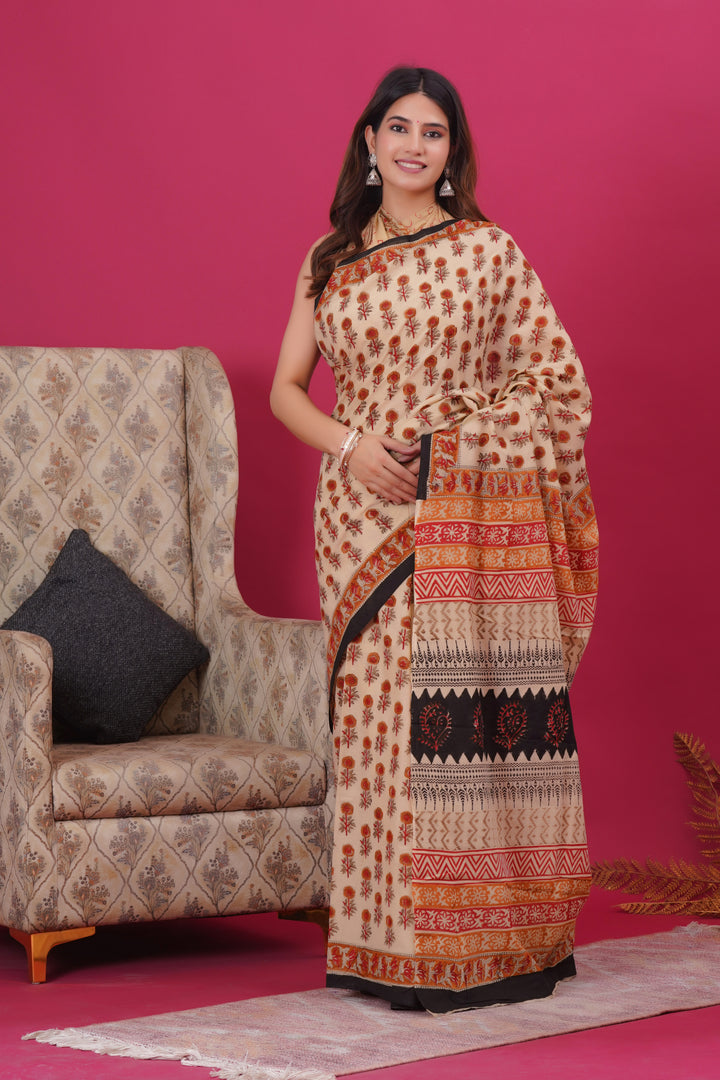 Mulmul Cotton Saree with Hand Block Print - Shivanya Handicrafts Women's Traditional Indian Wear