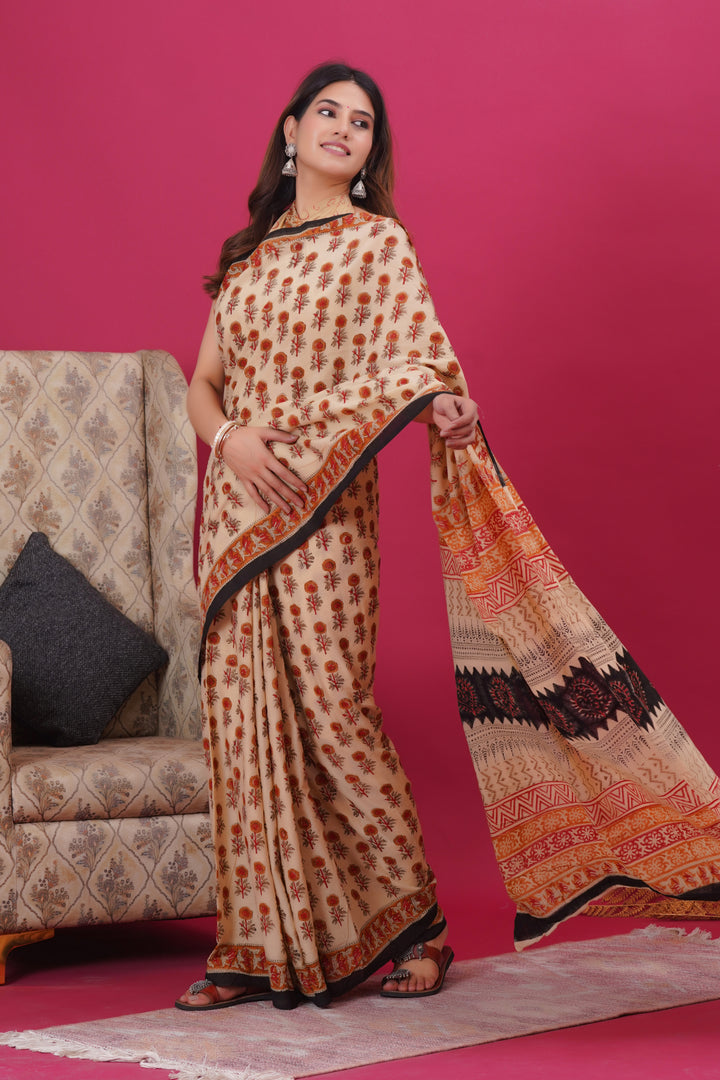 Mulmul Cotton Saree with Hand Block Print - Shivanya Handicrafts Women's Traditional Indian Wear