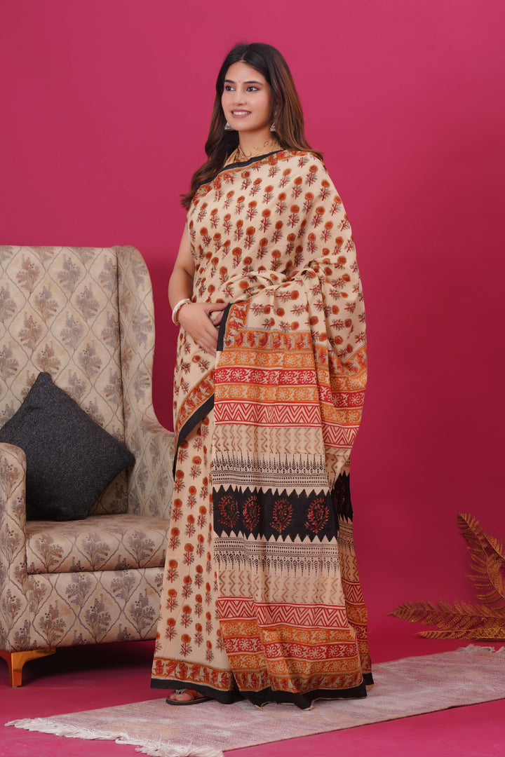 Mulmul Cotton Saree with Hand Block Print - Shivanya Handicrafts Women's Traditional Indian Wear