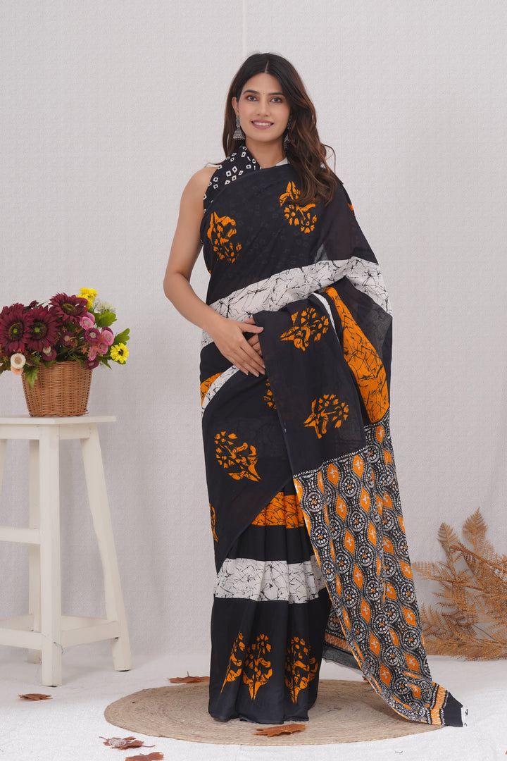 Mulmul Cotton Saree with Hand Wax Batik Print - Shivanya Handicrafts Women's Traditional Indian Wear