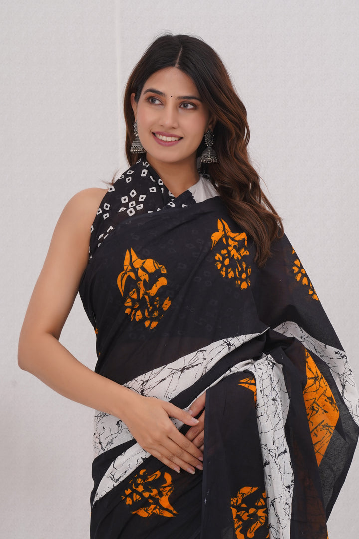 Mulmul Cotton Saree with Hand Wax Batik Print - Shivanya Handicrafts Women's Traditional Indian Wear