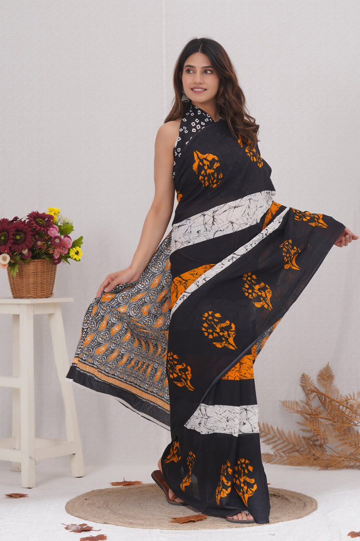 Mulmul Cotton Saree with Hand Wax Batik Print - Shivanya Handicrafts Women's Traditional Indian Wear