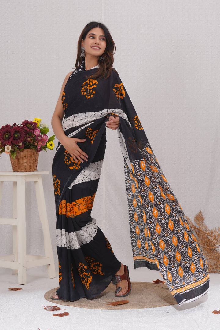 Mulmul Cotton Saree with Hand Wax Batik Print - Shivanya Handicrafts Women's Traditional Indian Wear