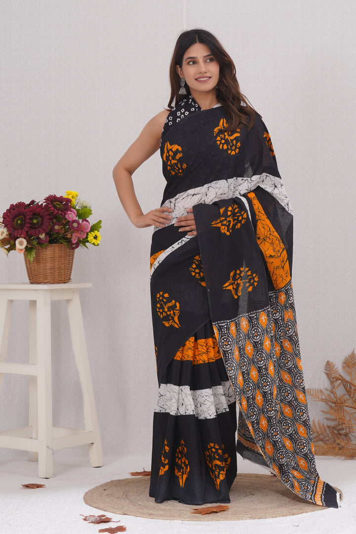 Mulmul Cotton Saree with Hand Wax Batik Print - Shivanya Handicrafts Women's Traditional Indian Wear