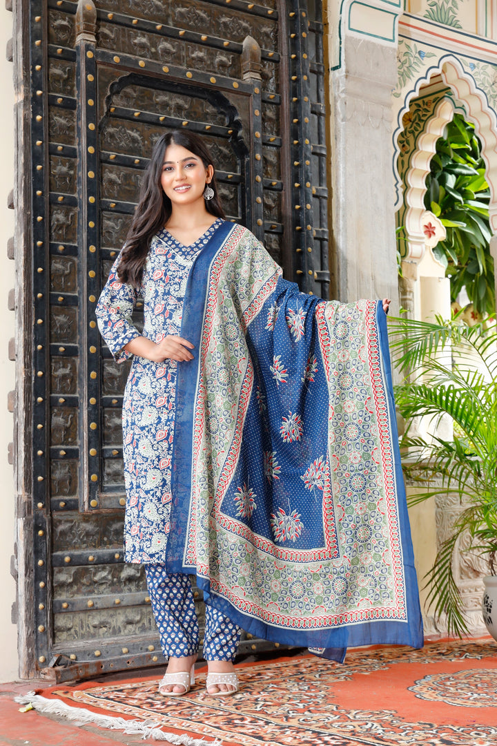 Printed Cotton Women Straight Kurta with Pant with Dupatta Set