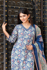 Load image into Gallery viewer, Printed Cotton Women Straight Kurta with Pant with Dupatta Set
