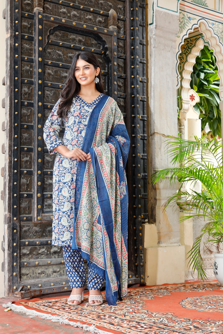 Printed Cotton Women Straight Kurta with Pant with Dupatta Set