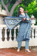 Load image into Gallery viewer, Printed Cotton Women Straight Kurta with Pant with Dupatta Set
