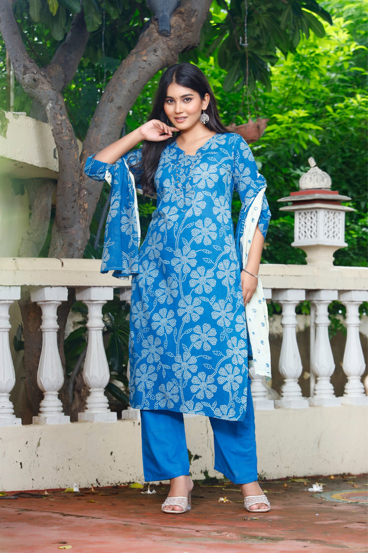 Printed Cotton Women Straight Kurta with Pant with Dupatta Set