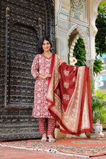 Load image into Gallery viewer, Printed Cotton Women Straight Kurta with Pant with Dupatta Set

