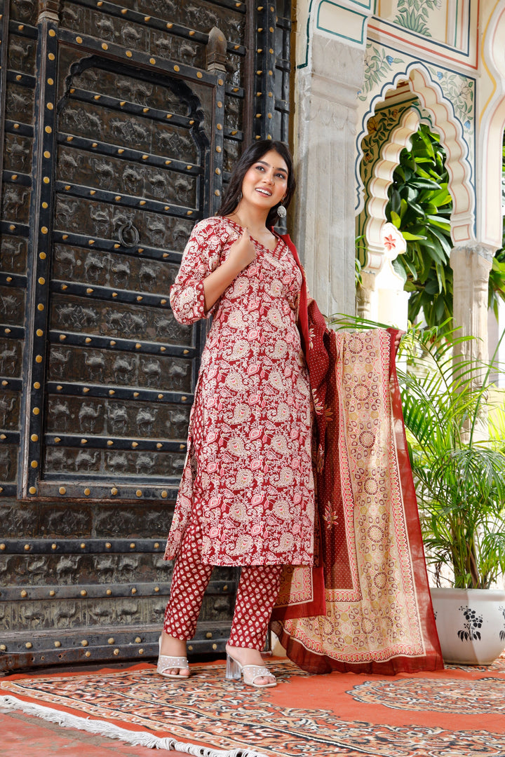 Printed Cotton Women Straight Kurta with Pant with Dupatta Set