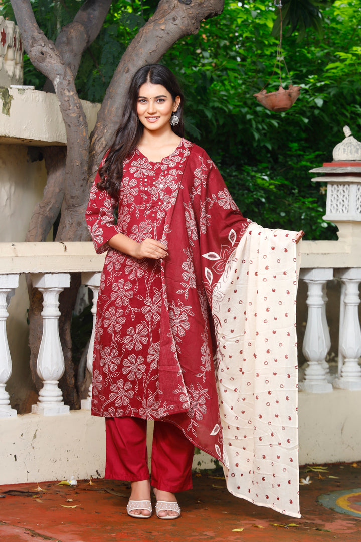 Printed Cotton Women Straight Kurta with Pant with Dupatta Set