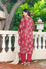 Printed Cotton Women Straight Kurta with Pant with Dupatta Set