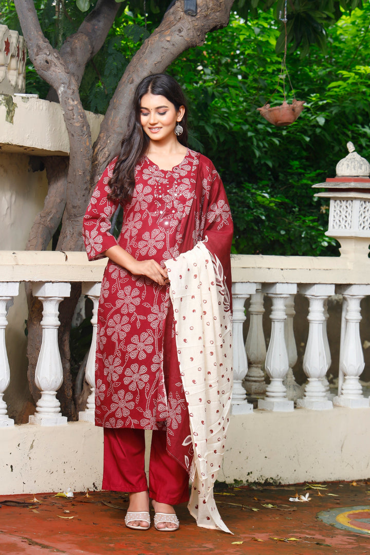 Printed Cotton Women Straight Kurta with Pant with Dupatta Set