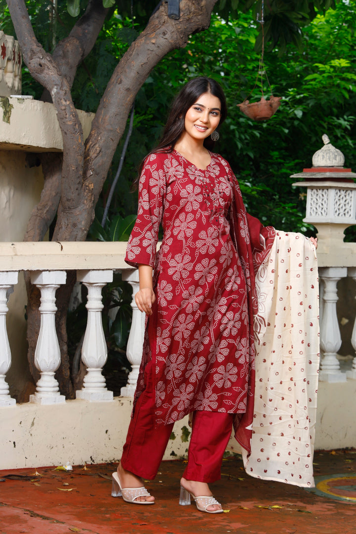 Printed Cotton Women Straight Kurta with Pant with Dupatta Set