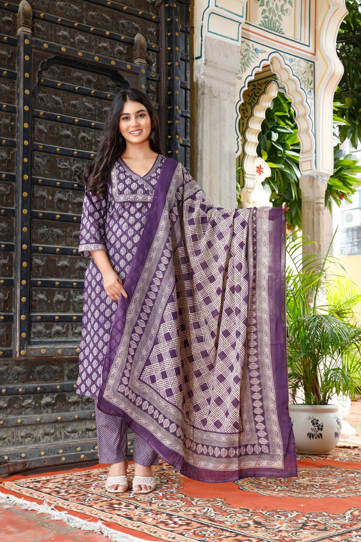 Printed Cotton Women Straight Kurta with Pant with Dupatta Set