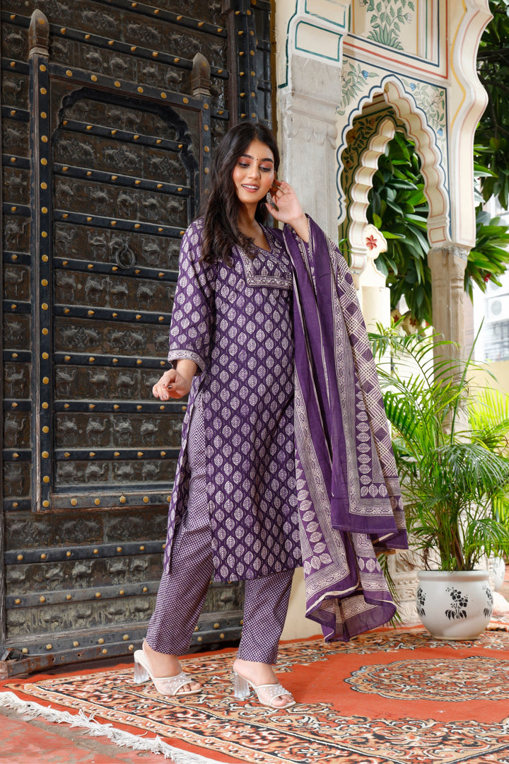 Printed Cotton Women Straight Kurta with Pant with Dupatta Set