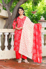 Load image into Gallery viewer, Printed Cotton Women Straight Kurta with Pant with Dupatta Set
