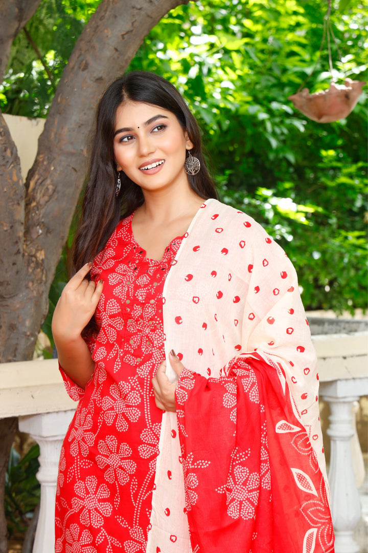 Printed Cotton Women Straight Kurta with Pant with Dupatta Set