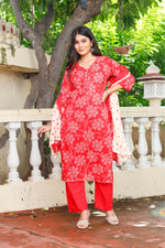 Load image into Gallery viewer, Printed Cotton Women Straight Kurta with Pant with Dupatta Set
