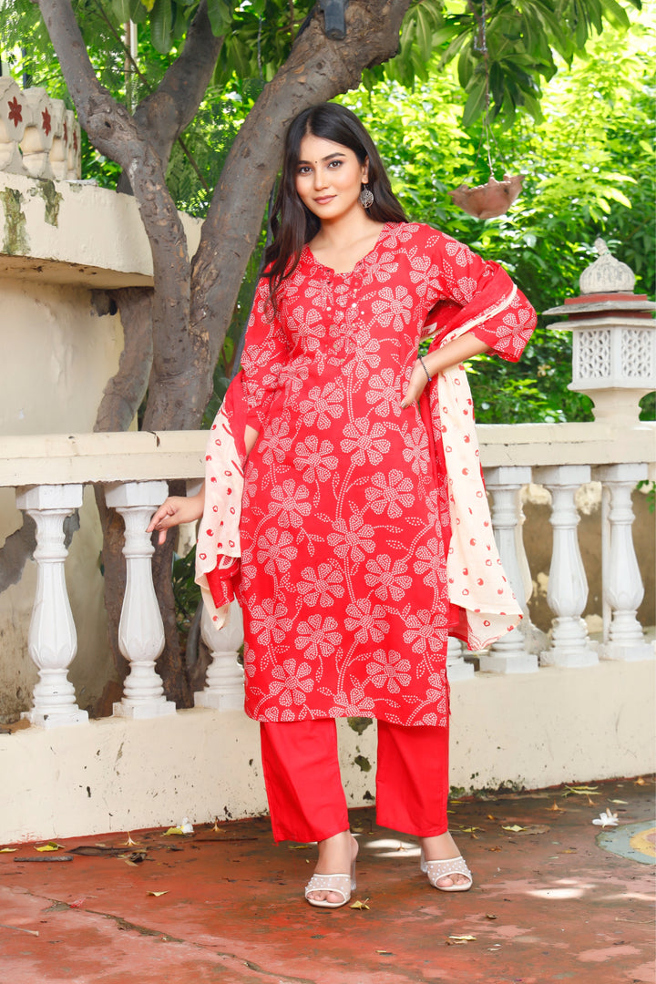 Printed Cotton Women Straight Kurta with Pant with Dupatta Set