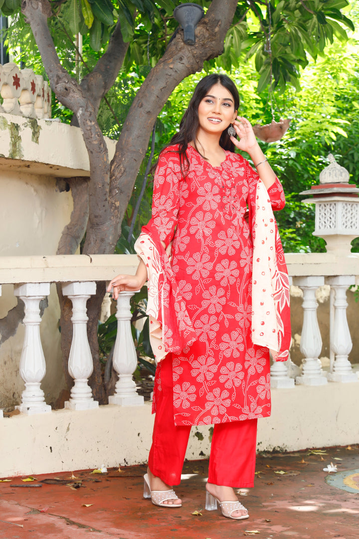 Printed Cotton Women Straight Kurta with Pant with Dupatta Set