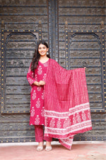 Load image into Gallery viewer, Printed Cotton Women Straight Kurta with Pant with Dupatta Set

