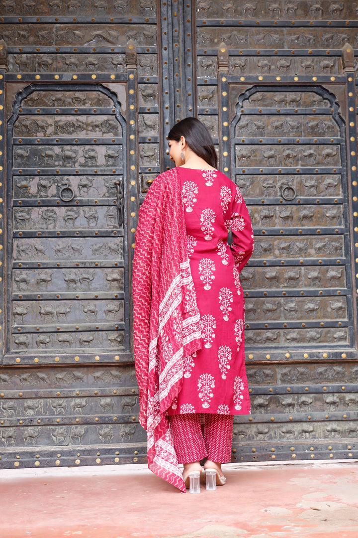 Printed Cotton Women Straight Kurta with Pant with Dupatta Set