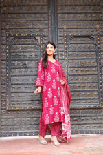 Load image into Gallery viewer, Printed Cotton Women Straight Kurta with Pant with Dupatta Set
