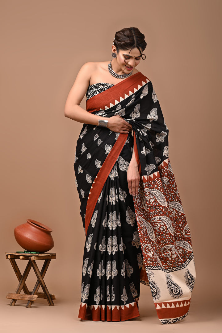 Mulmul Cotton Saree with Hand Block Print - Shivanya Handicrafts Women's Traditional Indian Wear