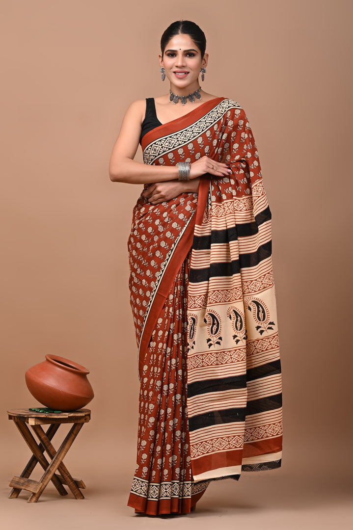 Mulmul Cotton Saree with Hand Block Print - Shivanya Handicrafts Women's Traditional Indian Wear